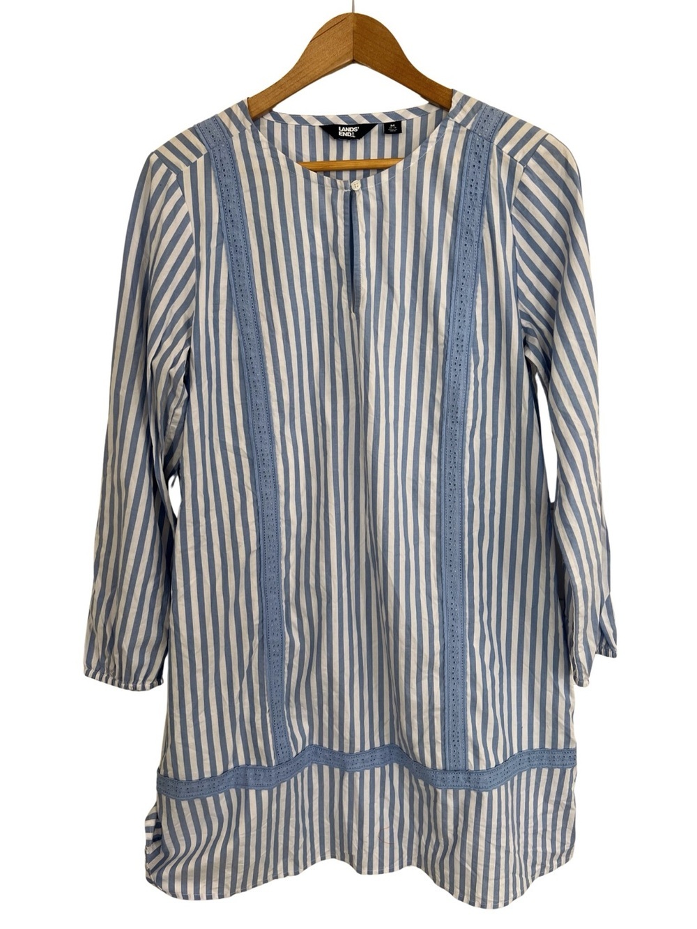 Lands’ End Blue Stripe 100% Cotton Tunic Dress Womens Medium Coastal Cottagecore
